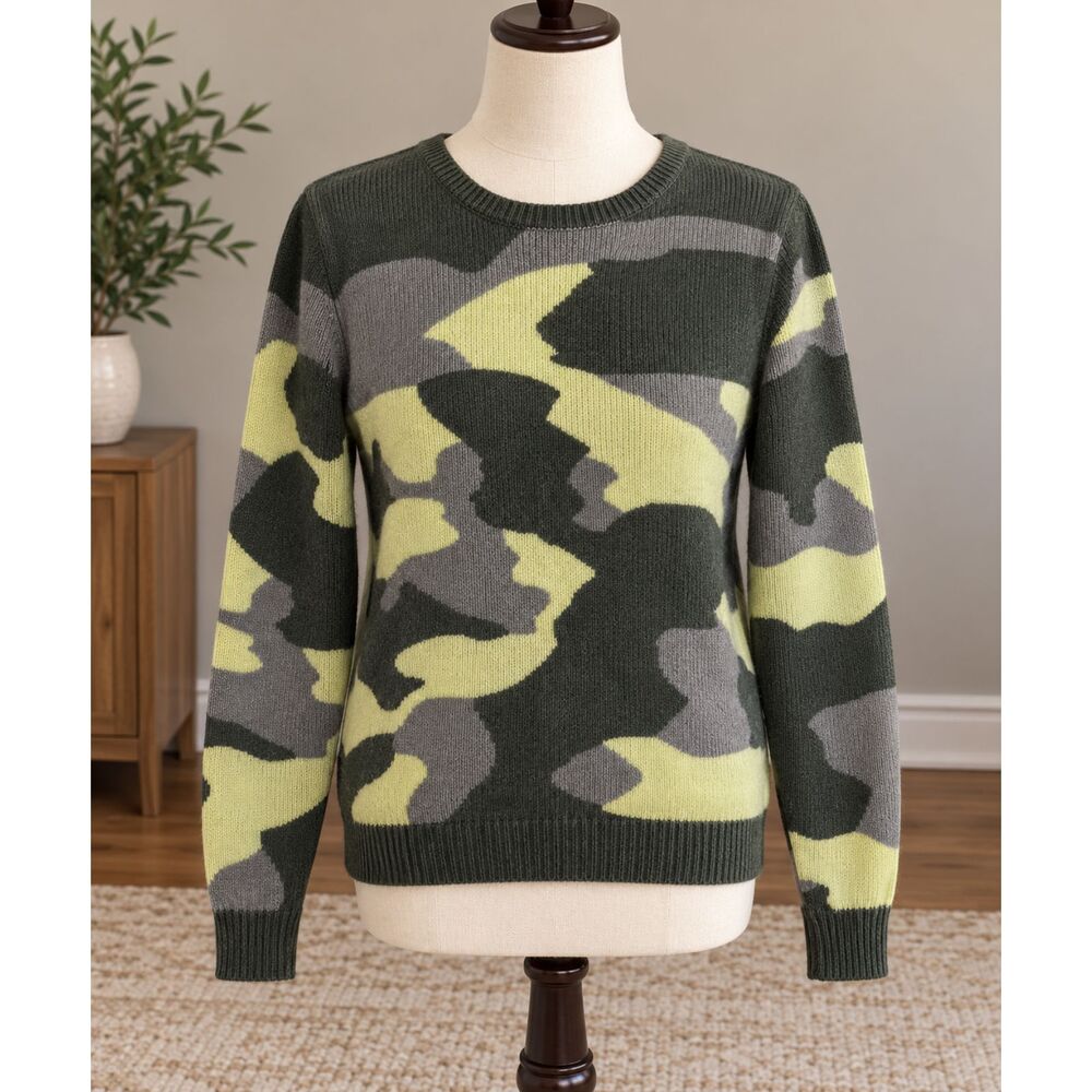 The Cashmere Project 100% Cashmere Camo Crewneck Sweater Small Olive Green